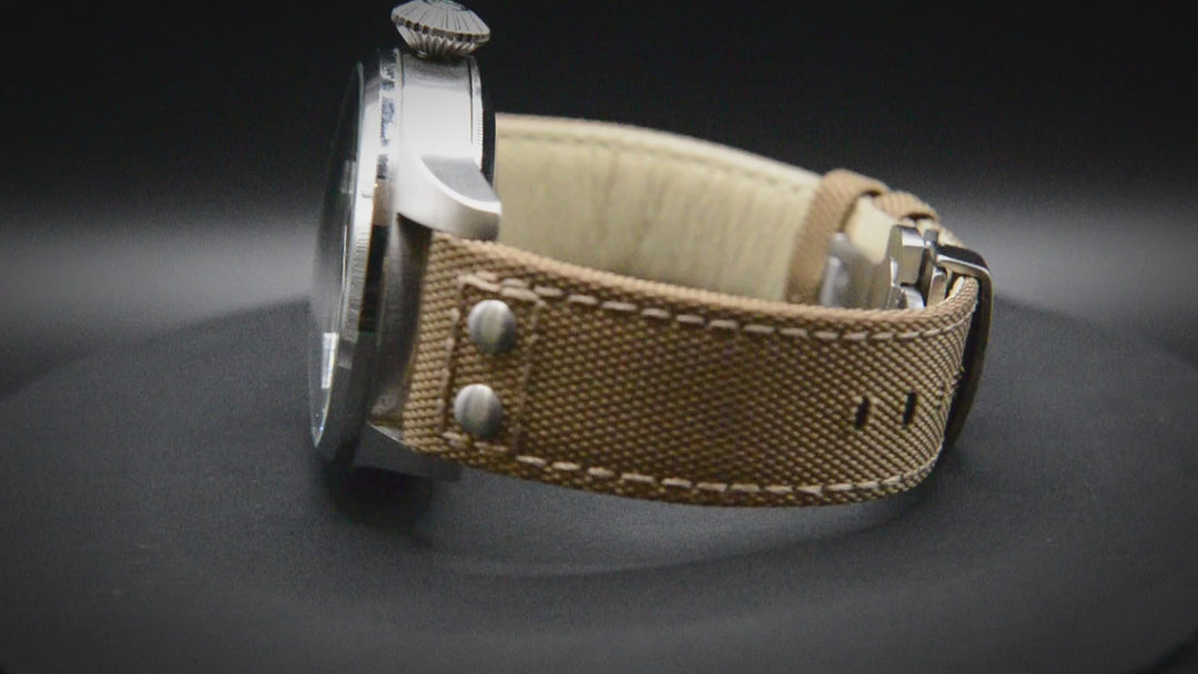 Sailcloth, Cordura military grade watch strap, AeroChrono watch band by FinWacthStraps®. Deployment clasp installed.