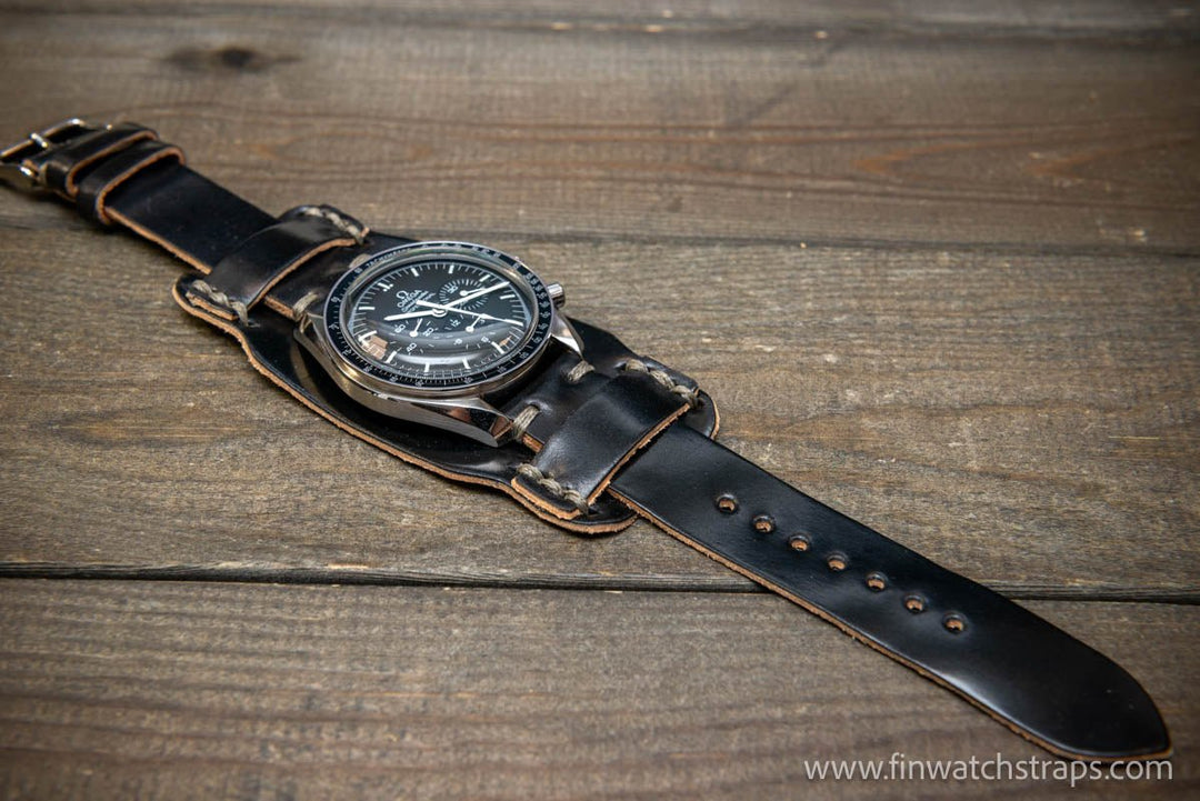 Bund-style Shell Cordovan watch strap, Aviator model. Handmade in Finland, 10-26 mm. - finwatchstraps