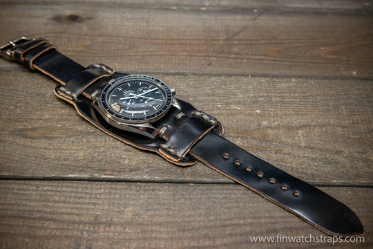 Bund-style Shell Cordovan watch strap, Aviator model. Handmade in Finland, 10-26 mm. - finwatchstraps