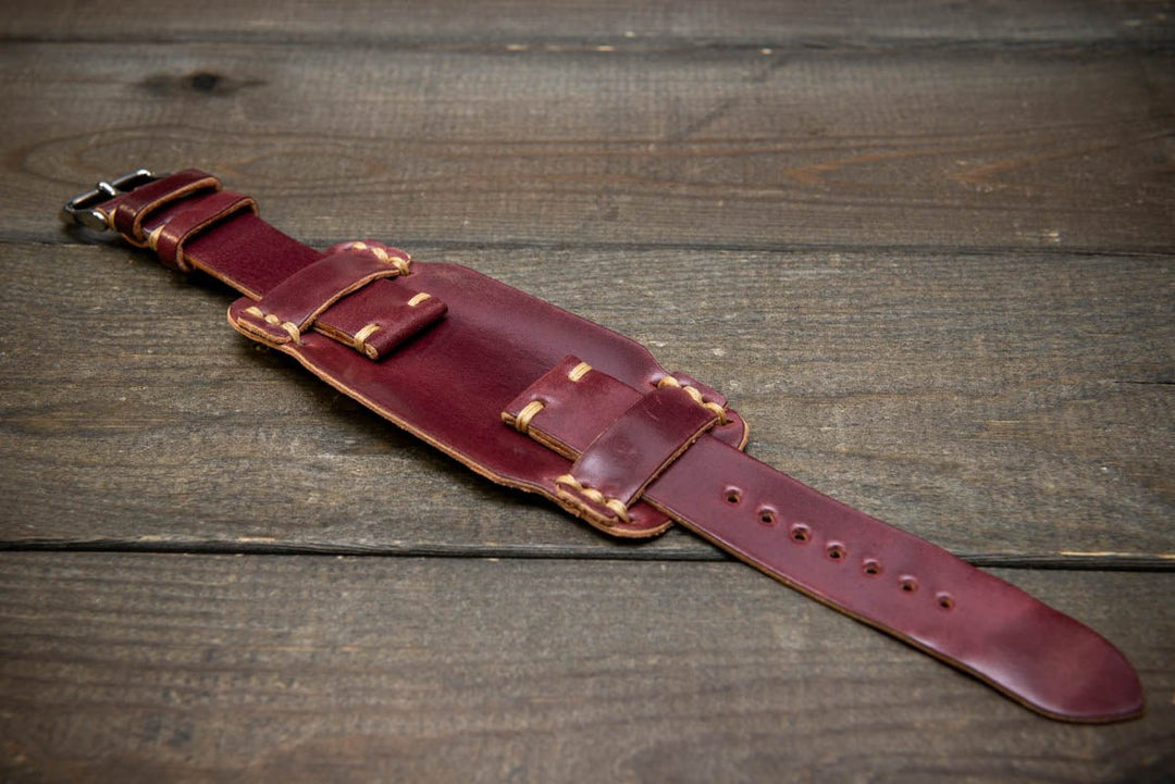 Bund-style Shell Cordovan watch strap, Aviator model. Handmade in Finland, 10-26 mm. - finwatchstraps