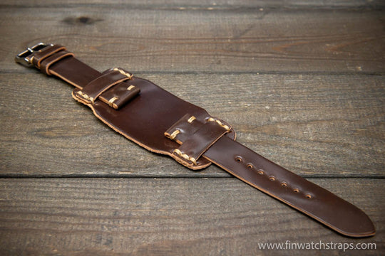 Bund-style Shell Cordovan watch strap, Aviator model. Handmade in Finland, 10-26 mm. - finwatchstraps