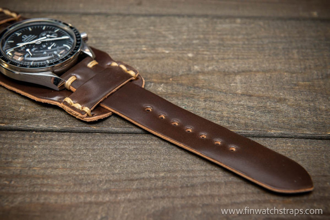 Bund-style Shell Cordovan watch strap, Aviator model. Handmade in Finland, 10-26 mm. - finwatchstraps