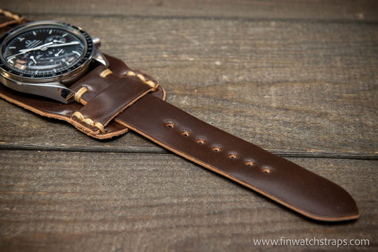 Bund-style Shell Cordovan watch strap, Aviator model. Handmade in Finland, 10-26 mm. - finwatchstraps