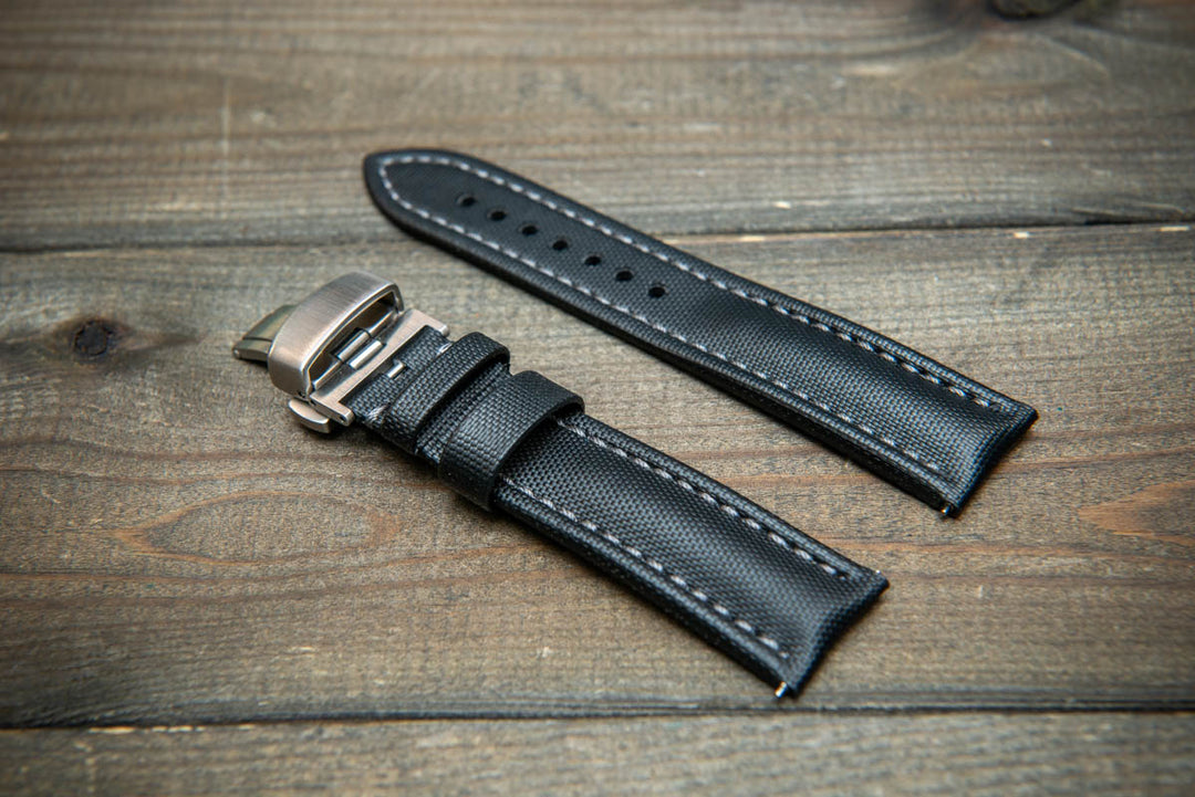 Stormsail sailcloth waterproof watch strap, Black with gray stitching. Deployment clasp