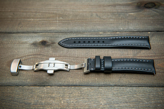 Stormsail sailcloth waterproof watch strap, Black with gray stitching. Deployment clasp