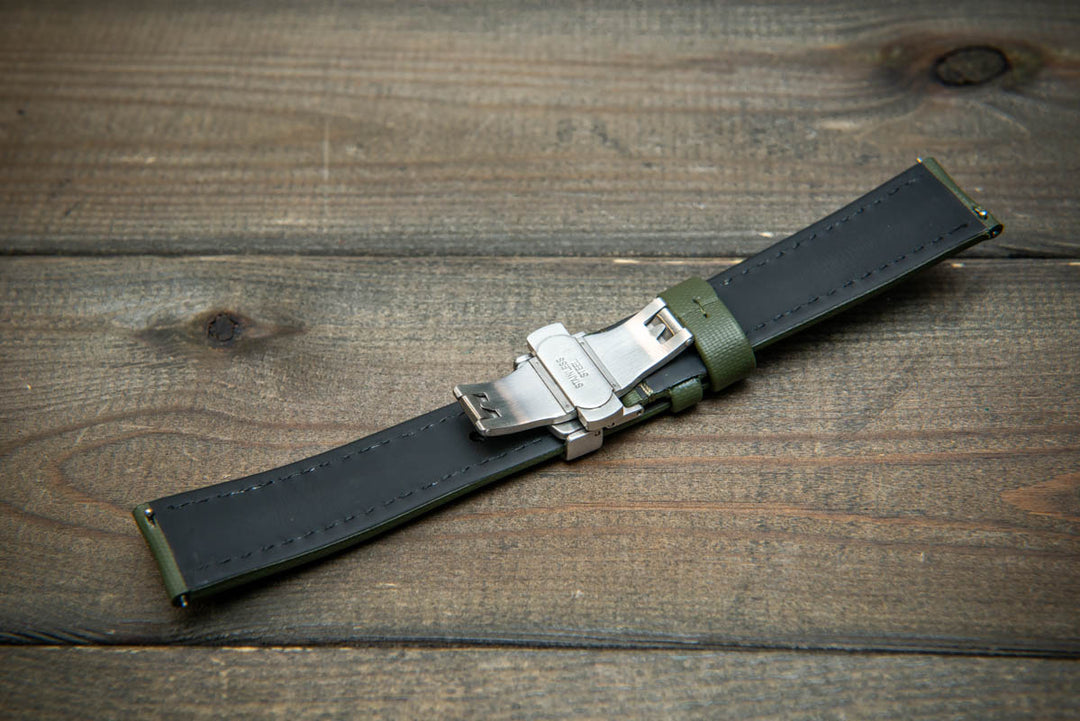 Stormsail sailcloth waterproof watch strap, Olive green. Deployment clasp