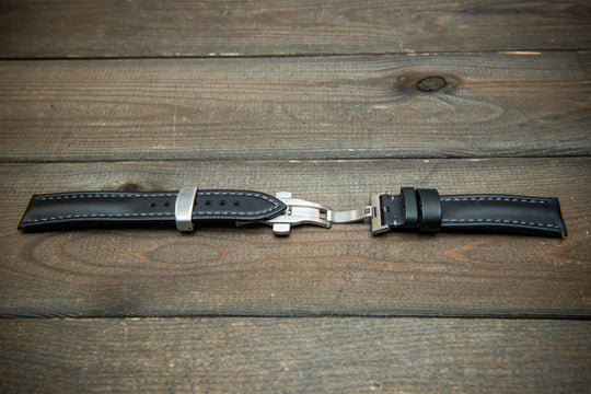 Stormsail sailcloth waterproof watch strap, Black with gray stitching. Deployment clasp