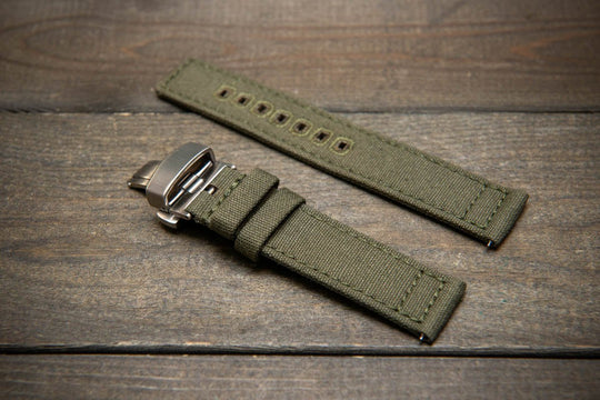 Army premium canvas watch strap, canvas watch band. Handmade in Finland - 19 mm, 20 mm, 21 mm, 22 mm. With a deployment clasp. - finwatchstraps