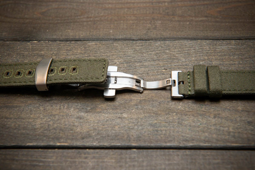 Army premium canvas watch strap, canvas watch band. Handmade in Finland - 19 mm, 20 mm, 21 mm, 22 mm. With a deployment clasp. - finwatchstraps