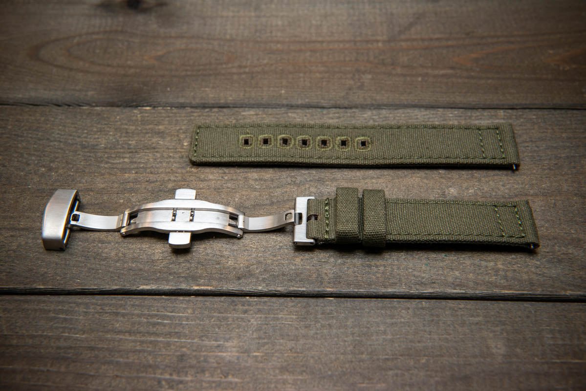 Army premium canvas watch strap, canvas watch band. Handmade in Finland - 19 mm, 20 mm, 21 mm, 22 mm. With a deployment clasp. - finwatchstraps