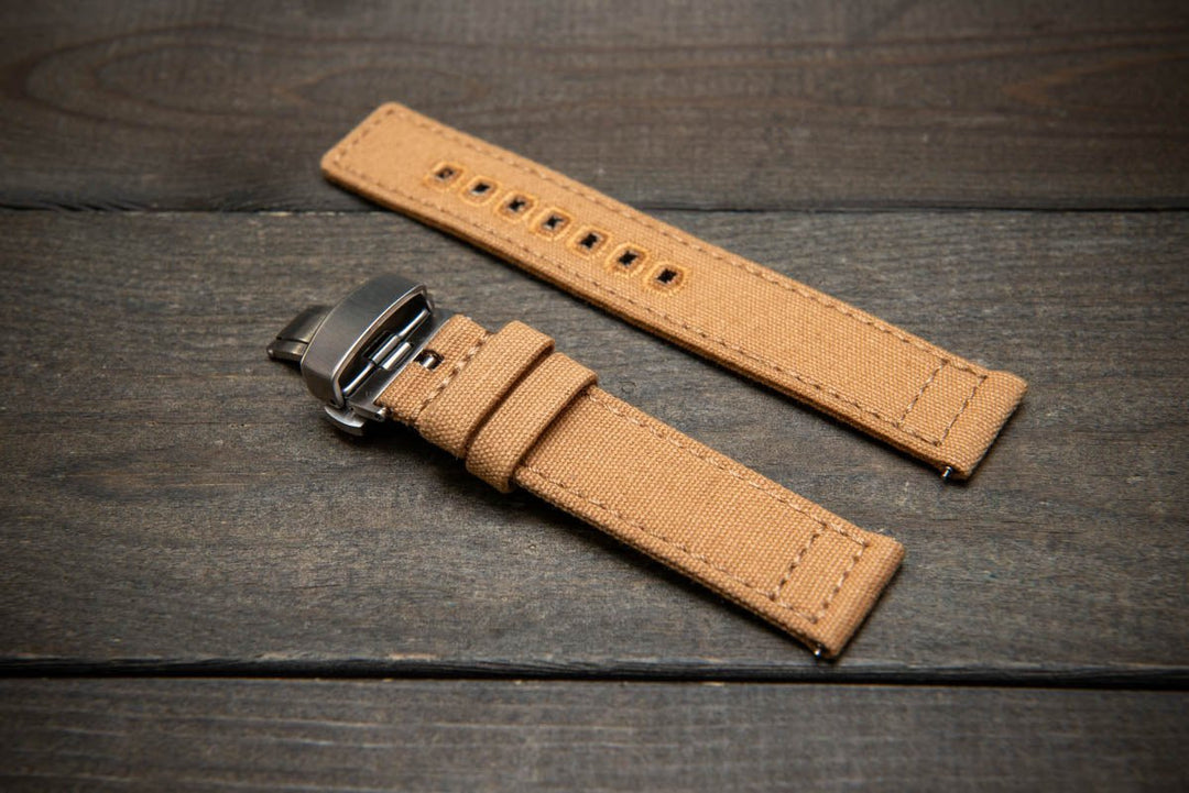 Army premium canvas watch strap, canvas watch band. Handmade in Finland - 19 mm, 20 mm, 21 mm, 22 mm. With a deployment clasp. - finwatchstraps