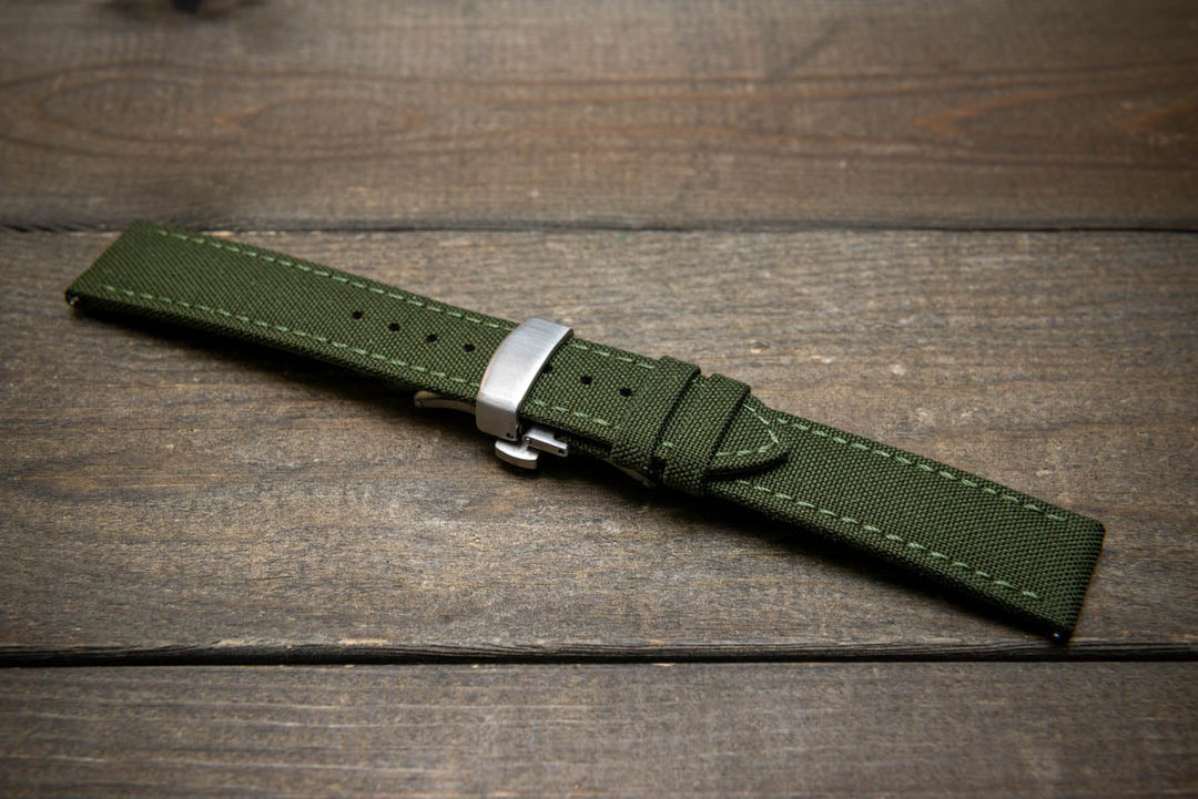 Cordura Canvas waterproof watch strap, Quick-release spring bars are installed, lined with Lorica eco-leather by FinWacthStraps® Deployment clasp installed. - finwatchstraps