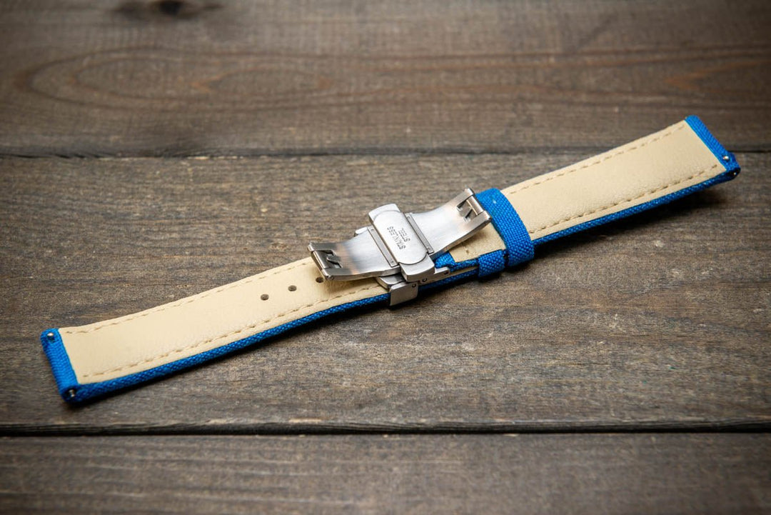 Cordura Canvas waterproof watch strap, Quick-release spring bars are installed, lined with Lorica eco-leather by FinWacthStraps® Deployment clasp installed. - finwatchstraps