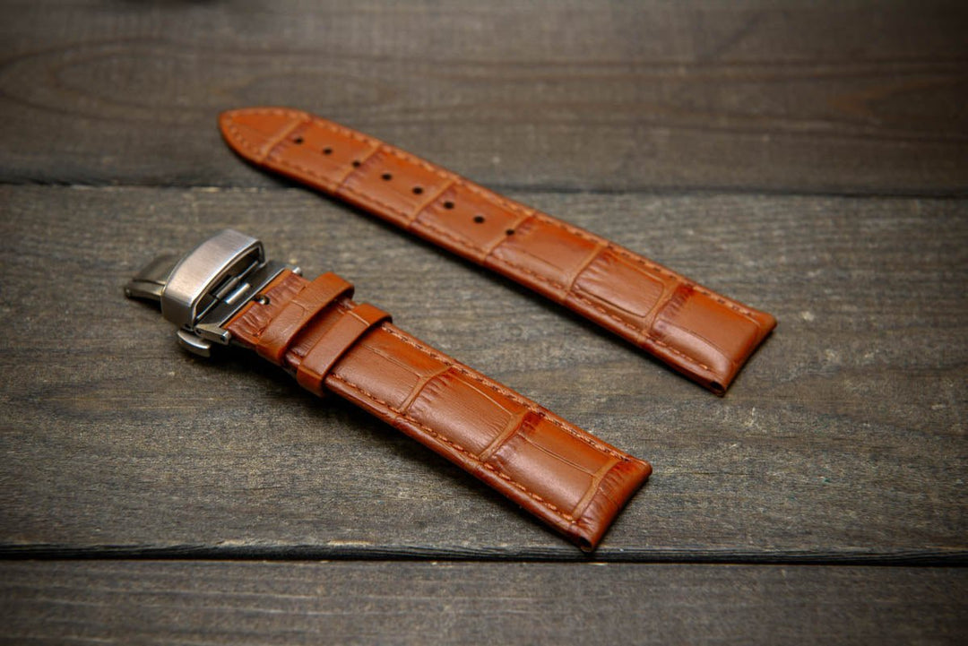 Leather watch strap, band made of calf leather with croc grain pattern 18-24 mm. Deployment clasp. - finwatchstraps