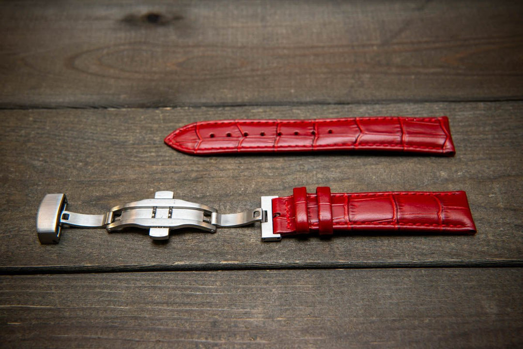 Leather watch strap, band made of calf leather with croc grain pattern 18-24 mm. Deployment clasp. - finwatchstraps