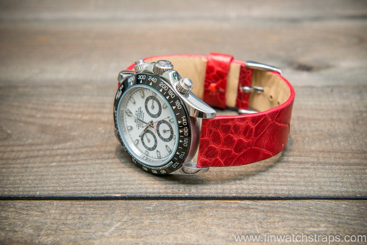 Ostrich legs leather watch strap, Glazed Red color