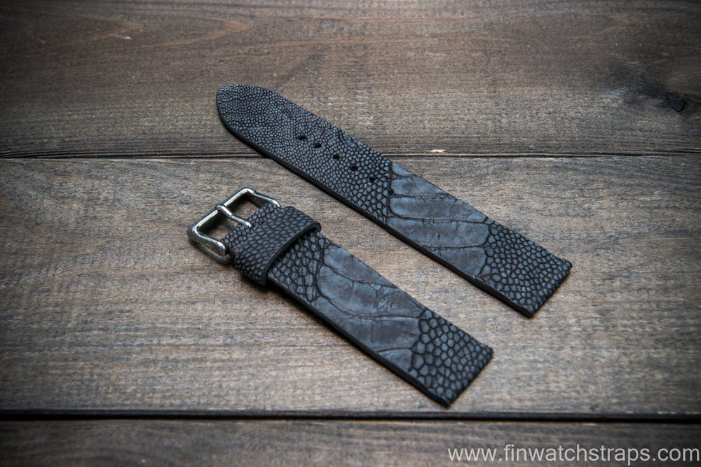 Ostrich legs leather watch strap, Stonewash Black color