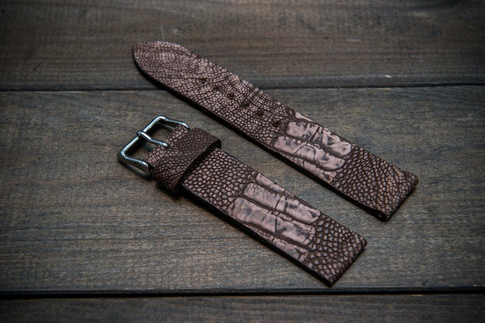 Ostrich legs leather watch strap, Stonewash Cigar color, handmade in Finland, 10-26 mm