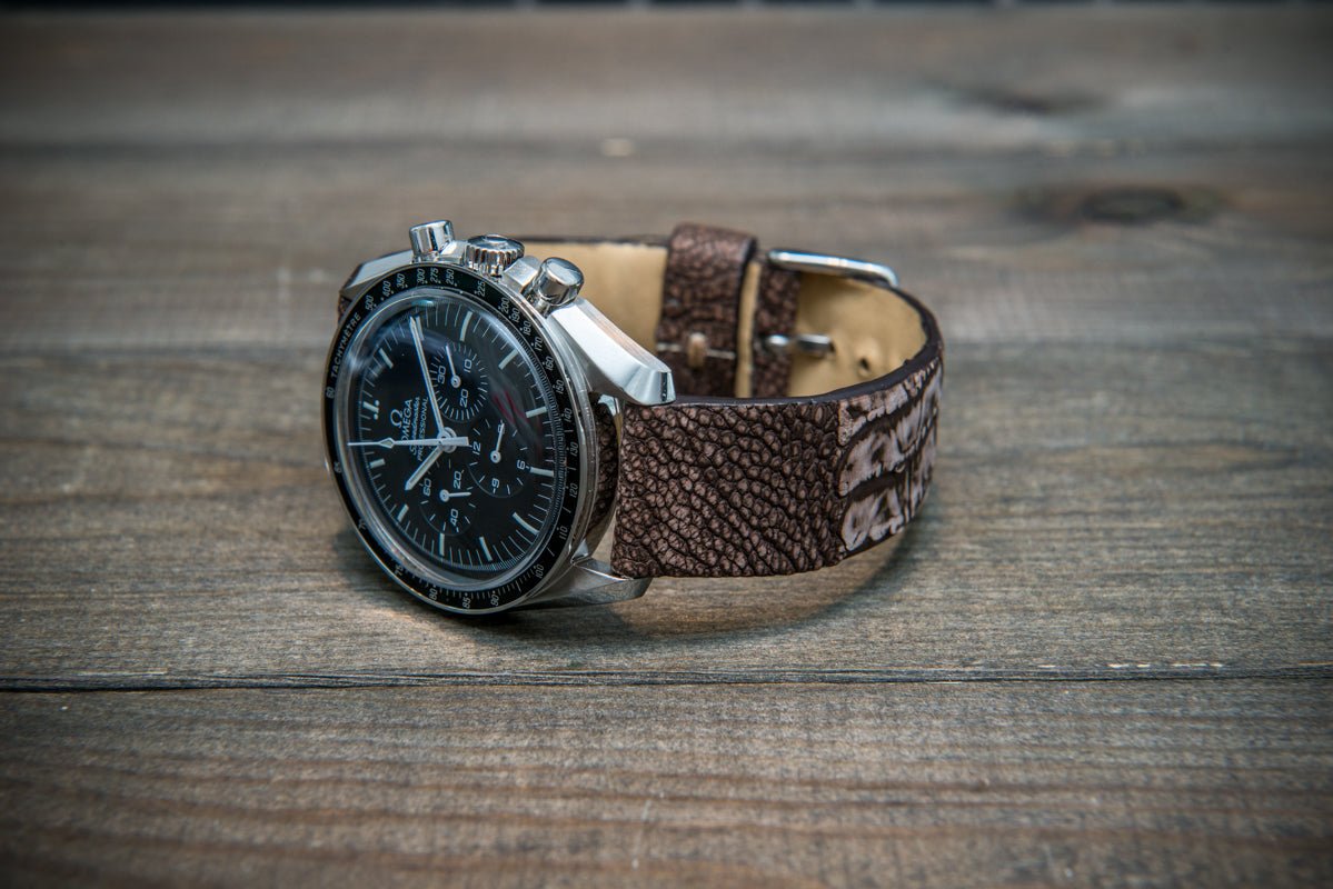 Ostrich legs leather watch strap, Stonewash Cigar color, handmade in Finland, 10-26 mm