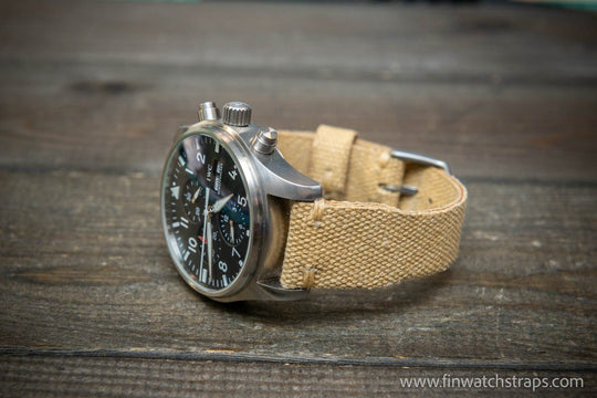 Vintage washed canvas Pilot watch strap, Aviator model, Military style tapered model 19x16mm, 20x16mm, 21x18mm, 22x18mm, 23x20mm, 24x20mm. Full customisation options. - finwatchstraps