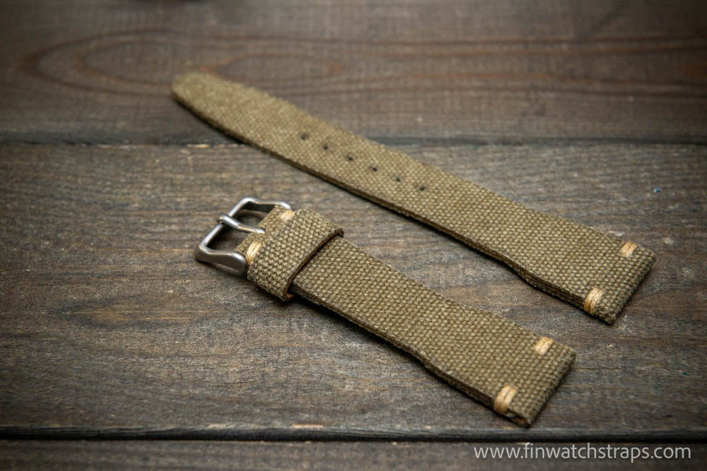 Vintage washed canvas Pilot watch strap, Aviator model, Military style tapered model 19x16mm, 20x16mm, 21x18mm, 22x18mm, 23x20mm, 24x20mm. Full customisation options. - finwatchstraps