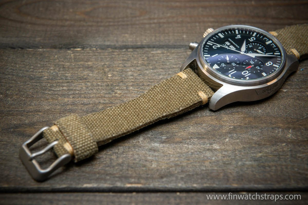 Vintage washed canvas Pilot watch strap, Aviator model, Military style tapered model 19x16mm, 20x16mm, 21x18mm, 22x18mm, 23x20mm, 24x20mm. Full customisation options. - finwatchstraps