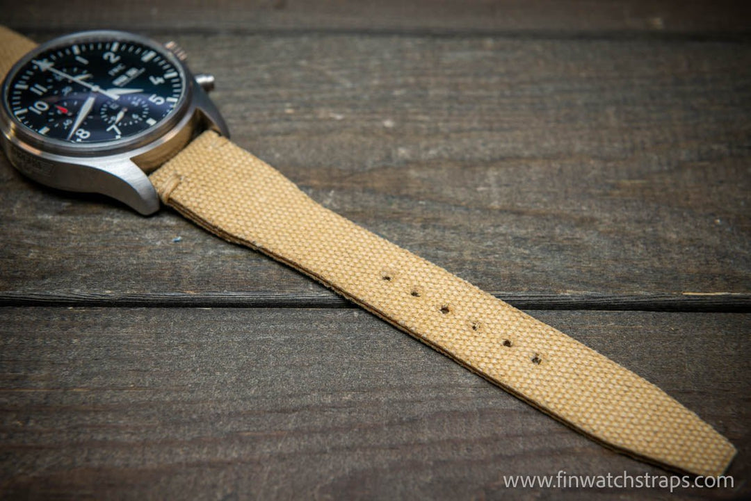 Vintage washed canvas Pilot watch strap, Aviator model, Military style tapered model 19x16mm, 20x16mm, 21x18mm, 22x18mm, 23x20mm, 24x20mm. Full customisation options. - finwatchstraps