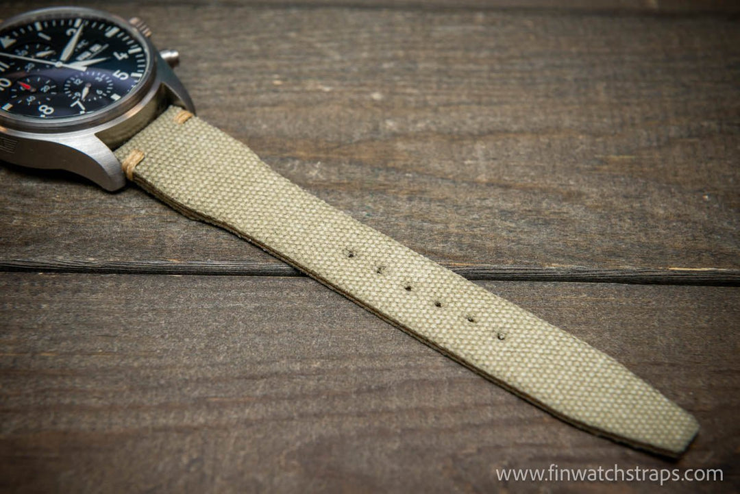 Vintage washed canvas Pilot watch strap, Aviator model, Military style tapered model 19x16mm, 20x16mm, 21x18mm, 22x18mm, 23x20mm, 24x20mm. Full customisation options. - finwatchstraps