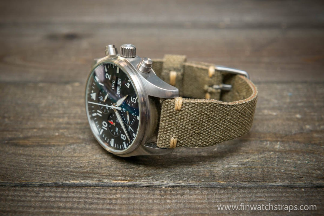 Vintage washed canvas Pilot watch strap, Aviator model, Military style tapered model 19x16mm, 20x16mm, 21x18mm, 22x18mm, 23x20mm, 24x20mm. Full customisation options. - finwatchstraps