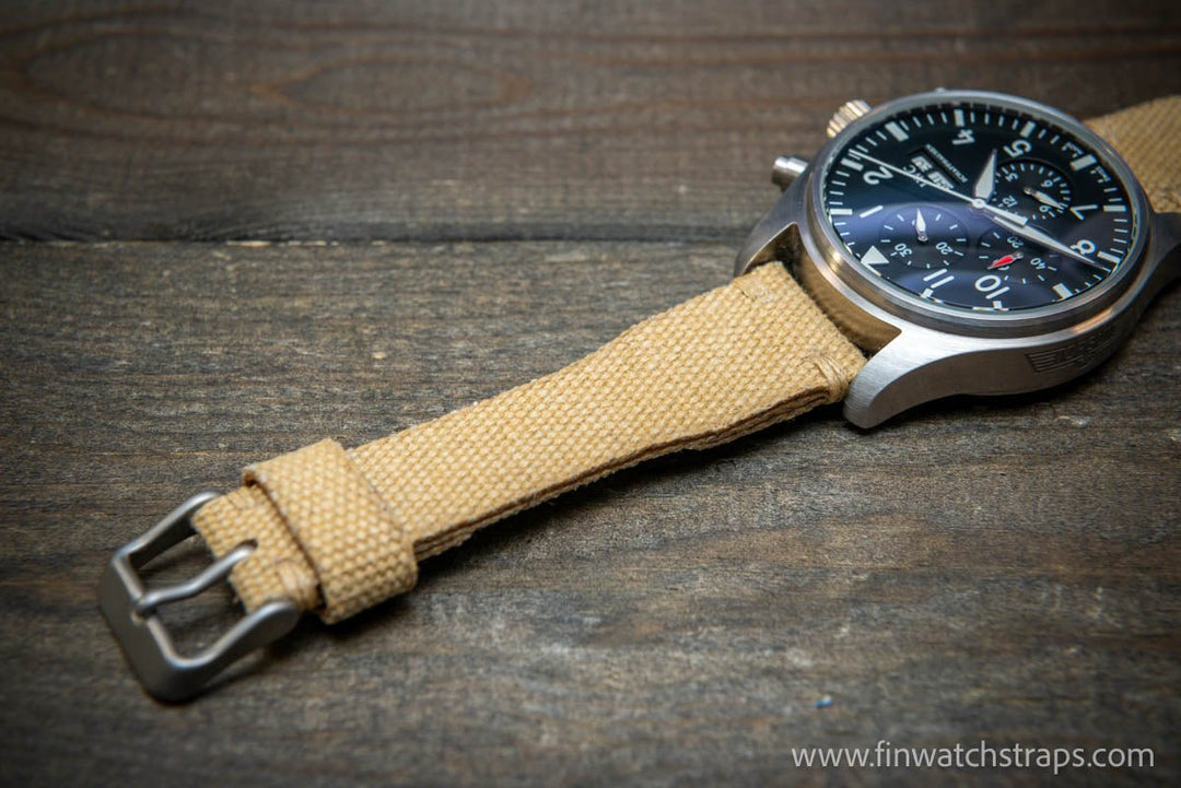 Vintage washed canvas Pilot watch strap, Aviator model, Military style tapered model 19x16mm, 20x16mm, 21x18mm, 22x18mm, 23x20mm, 24x20mm. Full customisation options. - finwatchstraps