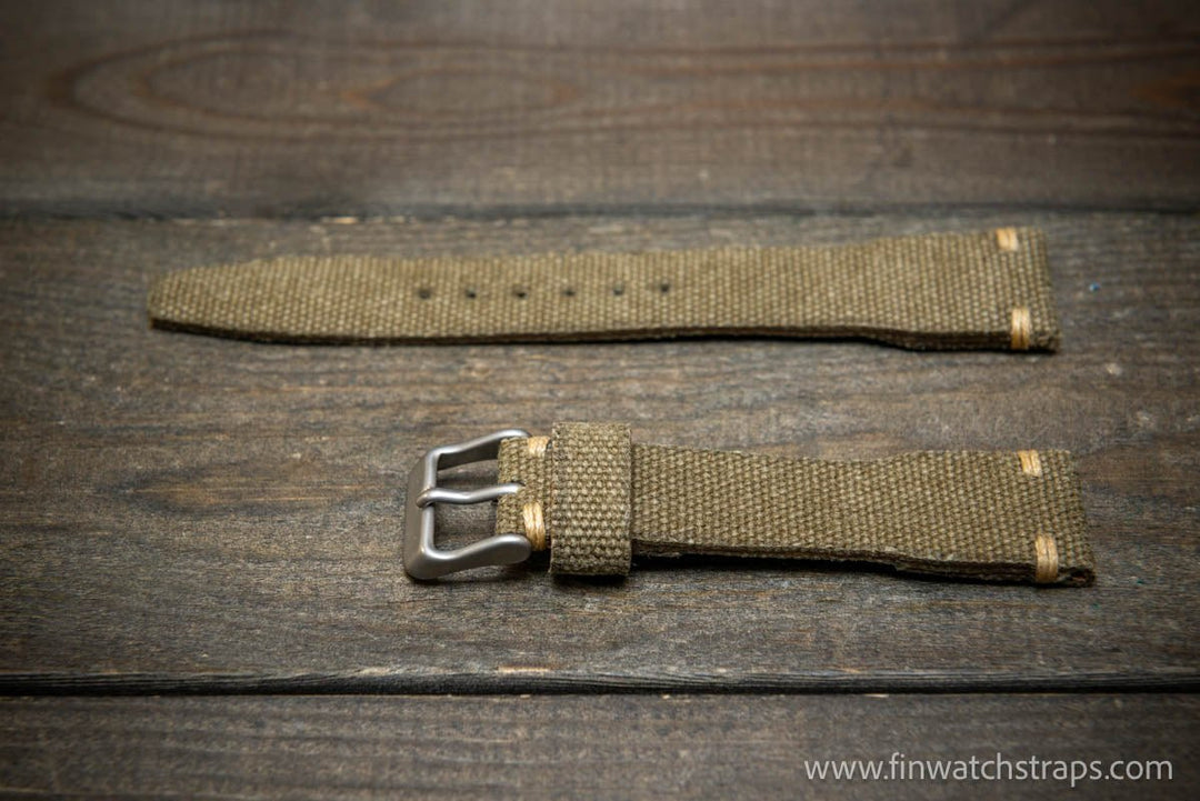 Vintage washed canvas Pilot watch strap, Aviator model, Military style tapered model 19x16mm, 20x16mm, 21x18mm, 22x18mm, 23x20mm, 24x20mm. Full customisation options. - finwatchstraps