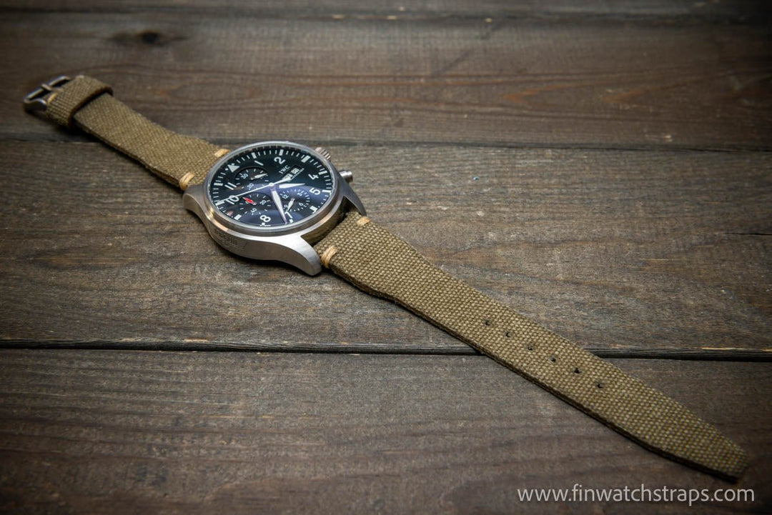 Vintage washed canvas Pilot watch strap, Aviator model, Military style tapered model 19x16mm, 20x16mm, 21x18mm, 22x18mm, 23x20mm, 24x20mm. Full customisation options. - finwatchstraps