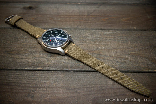 Vintage washed canvas Pilot watch strap, Aviator model, Military style tapered model 19x16mm, 20x16mm, 21x18mm, 22x18mm, 23x20mm, 24x20mm. Full customisation options. - finwatchstraps