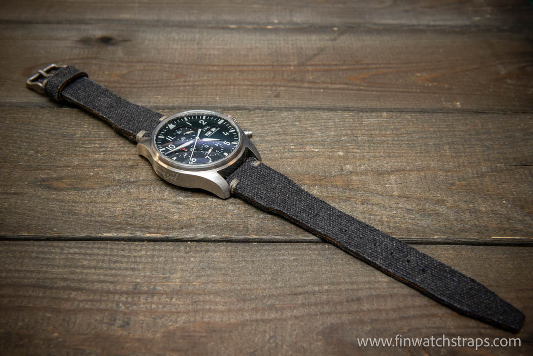 Vintage washed canvas Pilot watch strap, Aviator model, Military style tapered model 19x16mm, 20x16mm, 21x18mm, 22x18mm, 23x20mm, 24x20mm. Full customisation options. - finwatchstraps