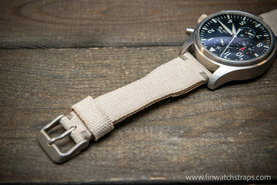 Vintage washed canvas Pilot watch strap, Aviator model, Military style tapered model 19x16mm, 20x16mm, 21x18mm, 22x18mm, 23x20mm, 24x20mm. Full customisation options. - finwatchstraps
