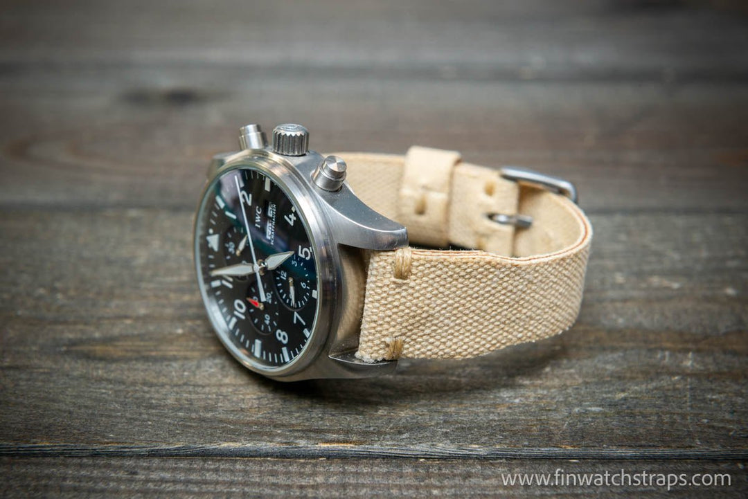 Vintage washed canvas Pilot watch strap, Aviator model, Military style tapered model 19x16mm, 20x16mm, 21x18mm, 22x18mm, 23x20mm, 24x20mm. Full customisation options. - finwatchstraps