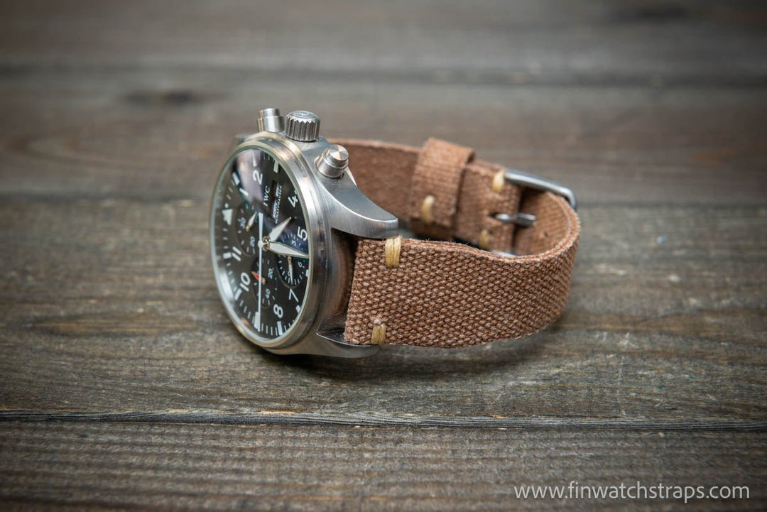 Vintage washed canvas Pilot watch strap, Aviator model, Military style tapered model 19x16mm, 20x16mm, 21x18mm, 22x18mm, 23x20mm, 24x20mm. Full customisation options. - finwatchstraps