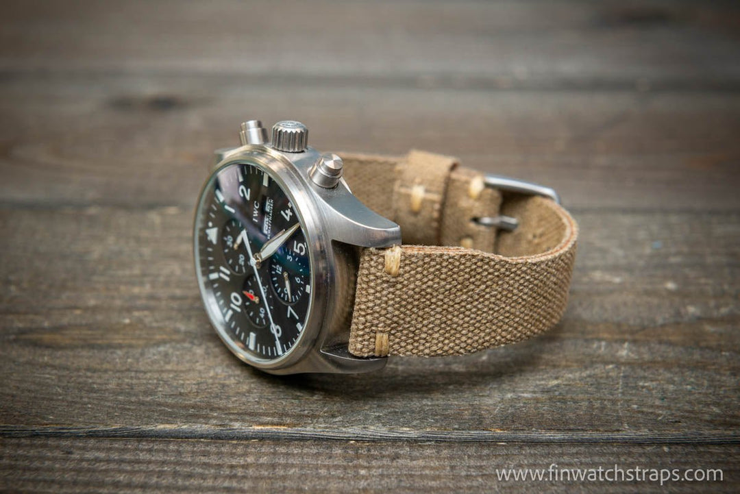 Vintage washed canvas Pilot watch strap, Aviator model, Military style tapered model 19x16mm, 20x16mm, 21x18mm, 22x18mm, 23x20mm, 24x20mm. Full customisation options. - finwatchstraps