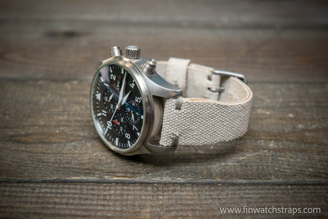 Vintage washed canvas Pilot watch strap, Aviator model, Military style tapered model 19x16mm, 20x16mm, 21x18mm, 22x18mm, 23x20mm, 24x20mm. Full customisation options. - finwatchstraps