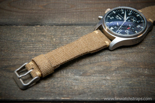 Vintage washed canvas Pilot watch strap, Aviator model, Military style tapered model 19x16mm, 20x16mm, 21x18mm, 22x18mm, 23x20mm, 24x20mm. Full customisation options. - finwatchstraps