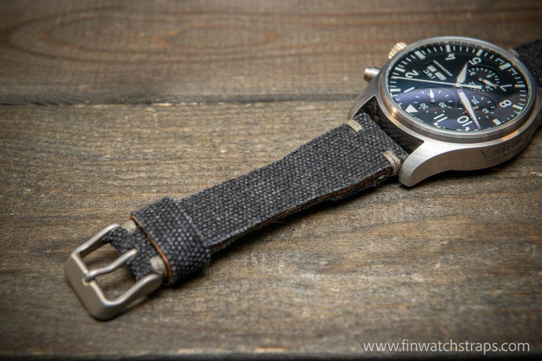 Vintage washed canvas Pilot watch strap, Aviator model, Military style tapered model 19x16mm, 20x16mm, 21x18mm, 22x18mm, 23x20mm, 24x20mm. Full customisation options. - finwatchstraps