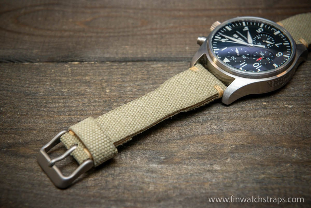 Vintage washed canvas Pilot watch strap, Aviator model, Military style tapered model 19x16mm, 20x16mm, 21x18mm, 22x18mm, 23x20mm, 24x20mm. Full customisation options. - finwatchstraps