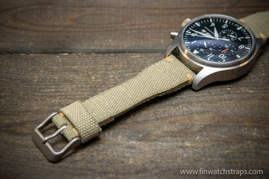 Vintage washed canvas Pilot watch strap, Aviator model, Military style tapered model 19x16mm, 20x16mm, 21x18mm, 22x18mm, 23x20mm, 24x20mm. Full customisation options. - finwatchstraps