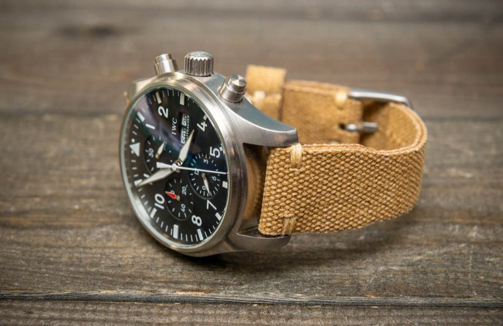 Vintage washed canvas Pilot watch strap, Aviator model, Military style tapered model 19x16mm, 20x16mm, 21x18mm, 22x18mm, 23x20mm, 24x20mm. Full customisation options. - finwatchstraps