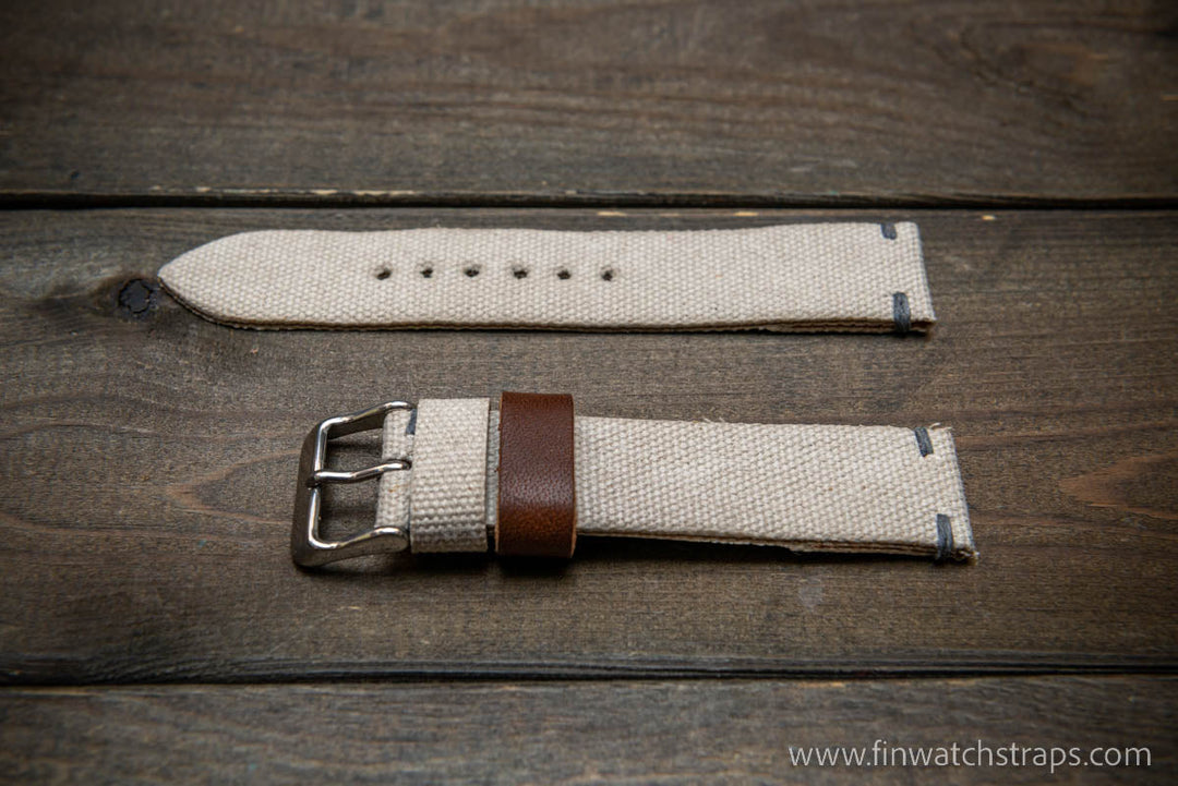 Vintage washed canvas watch strap, handmade to order, full customisation options.