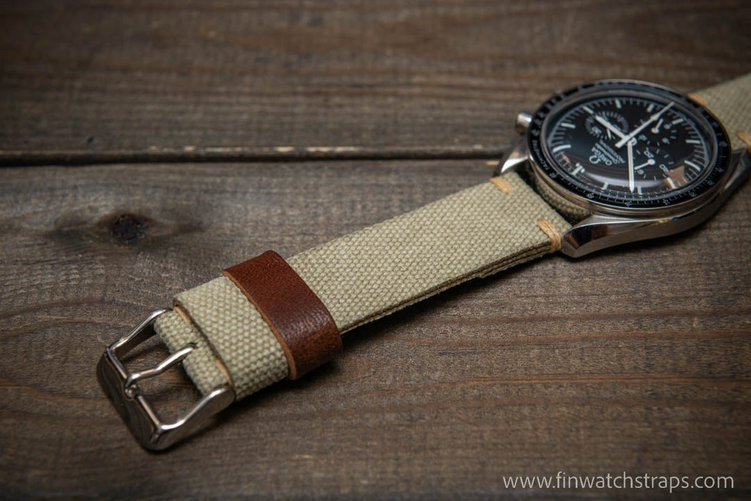 Vintage washed canvas watch strap, handmade to order, full customisation options.