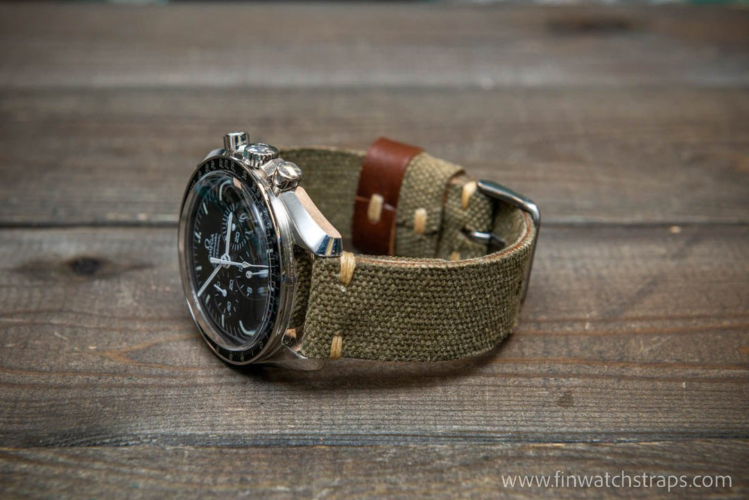 Vintage washed canvas watch strap, handmade to order, full customisation options.
