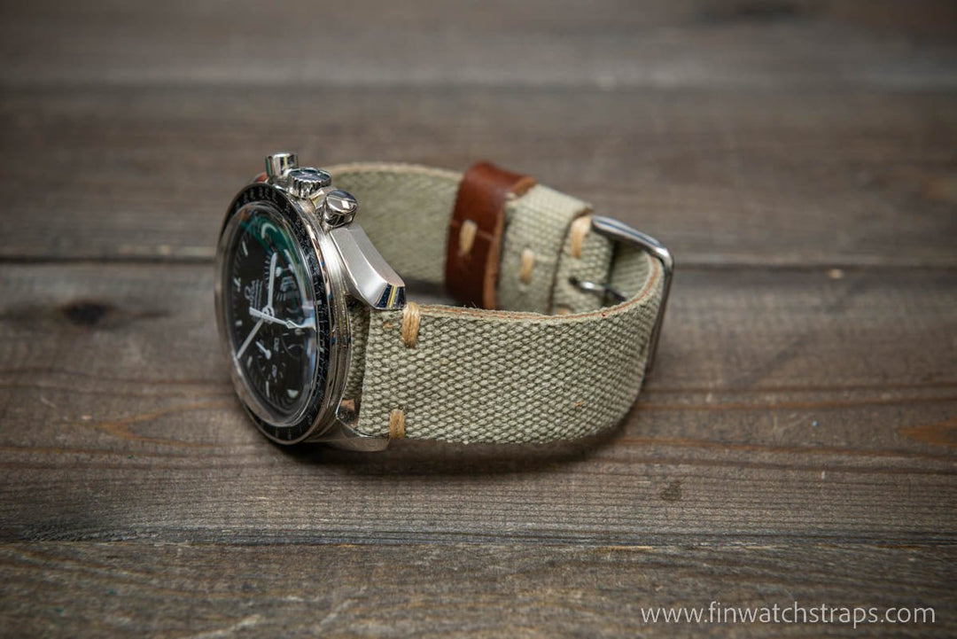 Vintage washed canvas watch strap, handmade to order, full customisation options.