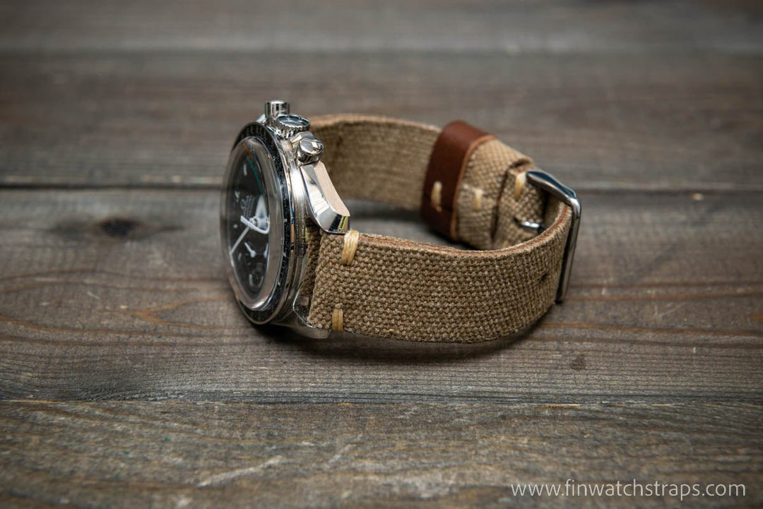 Vintage washed canvas watch strap, handmade to order, full customisation options.