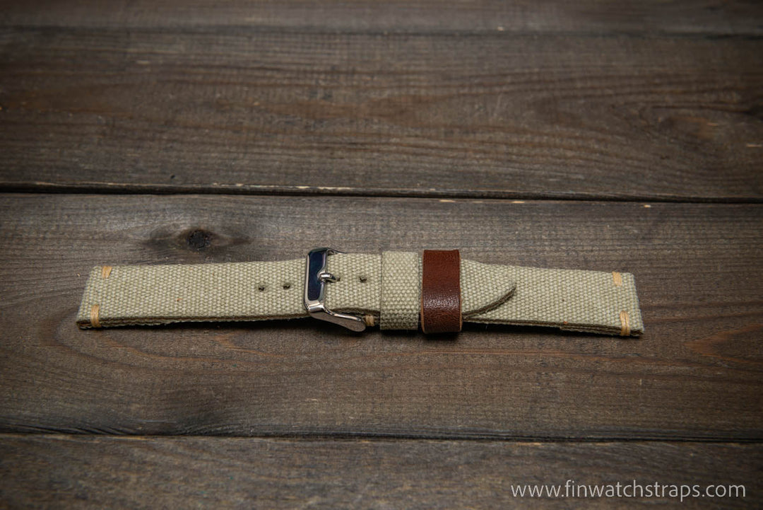 Vintage washed canvas watch strap, handmade to order, full customisation options.